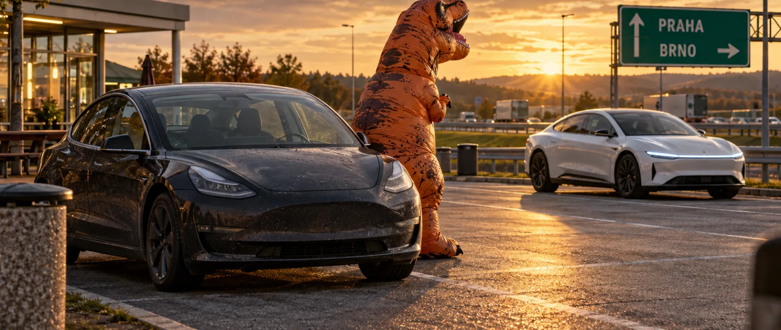 An orange inflatable T-Rex next to an older dark Tesla at a Czech motorway rest stop at sunset, with a newer white Tesla in the distance.
